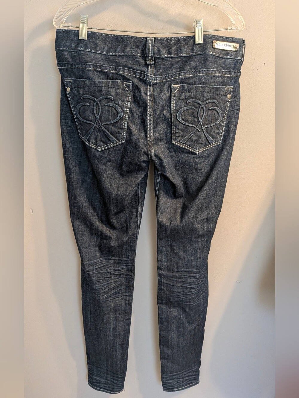 Y2K Express Jeans Dark Wash Low Rise Skinny Leg Raised Back Graphic Retro Aprox8